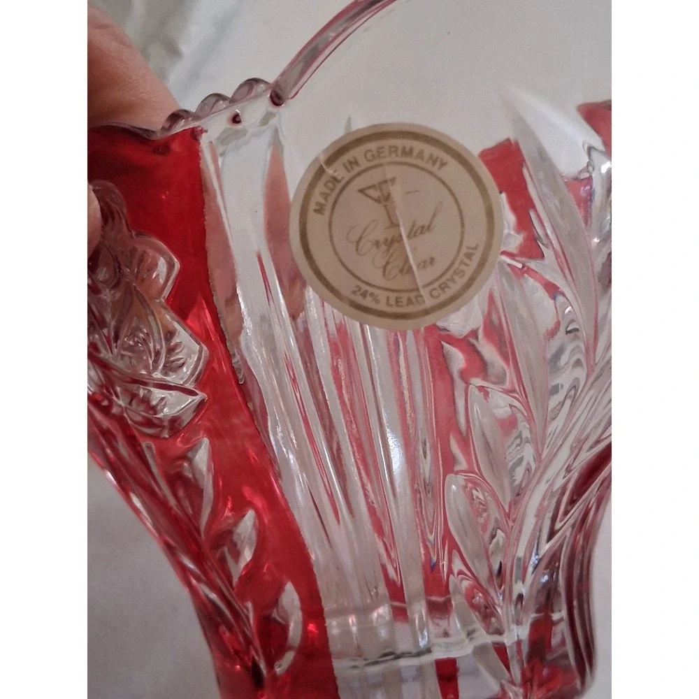 Crystal Clear Ruby Red Flashed Lead Crystal Vase Frosted Roses Made in Germany